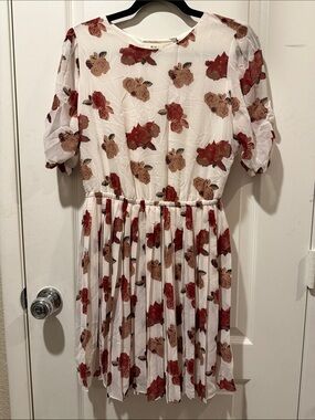 EUC Pins & Needles White Floral Dress with Red & Tan Roses